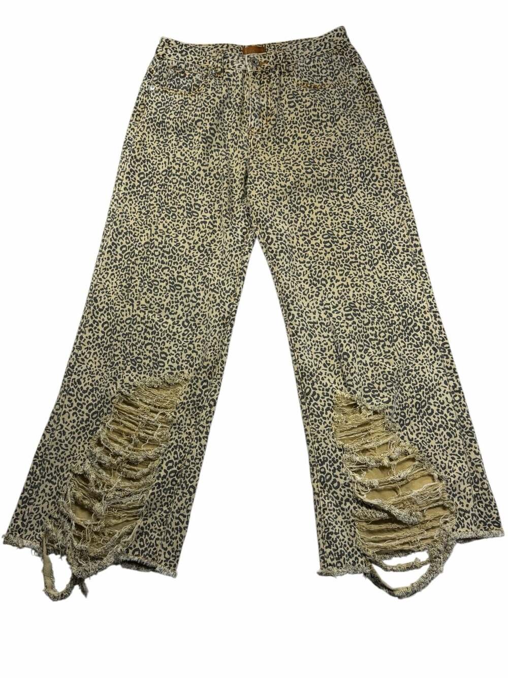 POL Jeans Womens Small Leopard Print Distressed Wide Leg Raw Hem Y2K Grunge